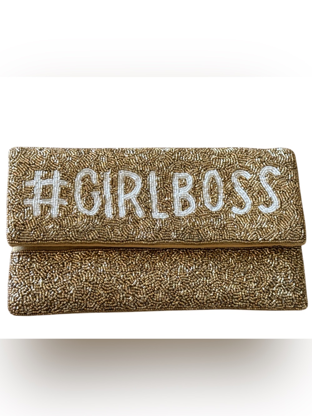 Shimmering Gold “GIRLBOSS” Beaded Clutch w/ Detachable Chain Shoulder Strap NEW!